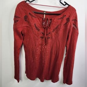 Free People With Love Floral Crochet Lace Long Sleeve Thermal Tee Keyhole Tie